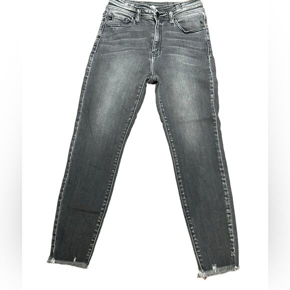 KanCan Women’s Size 28 Distressed Gray High Waisted Slim Straight Jeans Raw Hem - Picture 1 of 8